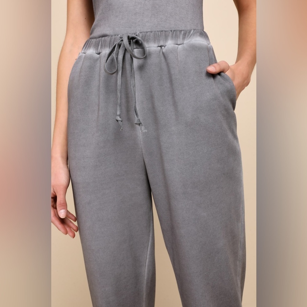 LULU’S Comfy Mindset Washed Charcoal Grey French Terry Joggers - Picture 3 of 7